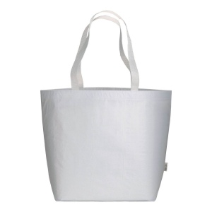 Shopper en R-PET laminé avec soufflet à la base - longues poignées en polyester 12