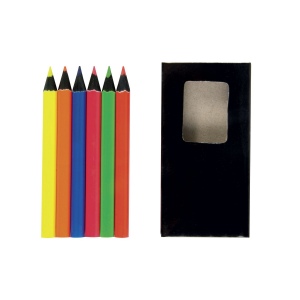 Set de 6 crayons en bois colorés fluo, section cylindrique, dans boite en bois 3