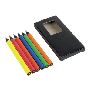 Set de 6 crayons en bois colorés fluo, section cylindrique, dans boite en bois 4