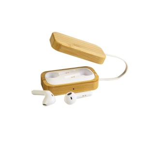 Écouteurs bluetooth avec étui de chargement en bambou