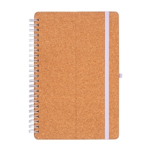 Carnet à anneaux en liège transformable en support pour téléphone portable.