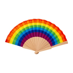 Éventail arc-en-ciel en polyester avec poignée en bois