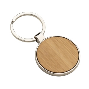Porte-clé en métal rond, avec détail frontal en bambou