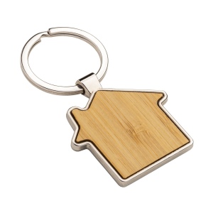 Porte-clés en métal en forme de petite maison avec détails en bambou sur la face avant