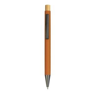 Stylo à bouton pression en métal caoutchouté avec détails brunis et bouton en bambou 3