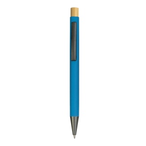 Stylo à bouton pression en métal caoutchouté avec détails brunis et bouton en bambou 2