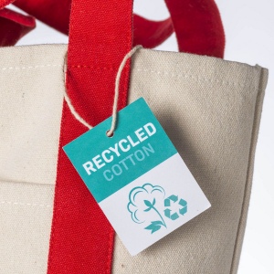 Mini sac à provisions en coton recyclé 340 g/m2 avec poignées et fond colorés. GRS 21