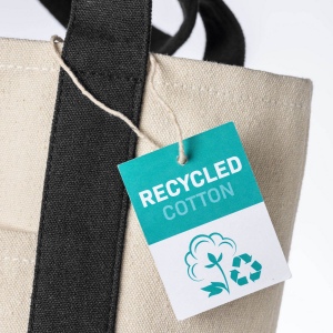 Mini sac à provisions en coton recyclé 340 g/m2 avec poignées et fond colorés. GRS 27