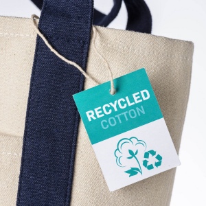 Mini sac à provisions en coton recyclé 340 g/m2 avec poignées et fond colorés. GRS 9