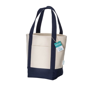 Mini sac à provisions en coton recyclé 340 g/m2 avec poignées et fond colorés. GRS