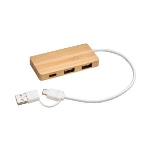 Hub USB en bambou avec 2 ports USB A et 1 port de type C, câble USB A et USB C intégré 4