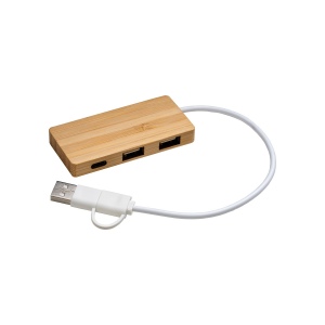 Hub USB en bambou avec 2 ports USB A et 1 port de type C, câble USB A et USB C intégré 2
