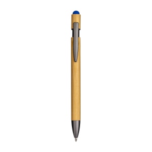 Stylo à clic en bambou et métal. Détails brunis et gomme pour écran tactile
