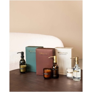 Distributeur de savon pour les mains de 250 ml et ensemble de bougies parfumées de 150 g Wellmark Discovery- parfum linge frais 14