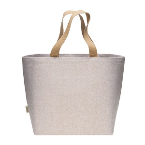 Sac en coton recycle 340 g/m2 avec effet melange. Longues anses colorees et souffle 5