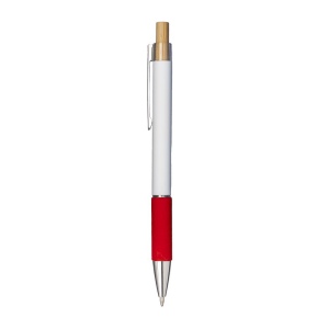 Stylo a bouton en aluminium. Prise coloree effet veloute, clip et details metallises 18