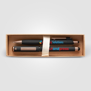 Coffret cadeau stylo York, plastique recyclé, finition bronze (+4 Colour Inkjet)