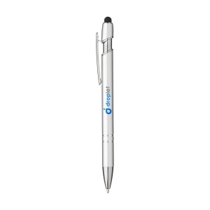 Stylo à bille fin à encre bleue, avec corps du stylo en aluminium et embout en caoutchouc permettant d'utiliser les écrans tactiles. Doté d'un clip métallique robuste et d'une pointe en plastique. 10