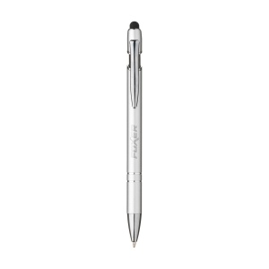 Stylo à bille fin à encre bleue, avec corps du stylo en aluminium et embout en caoutchouc permettant d'utiliser les écrans tactiles. Doté d'un clip métallique robuste et d'une pointe en plastique. 4