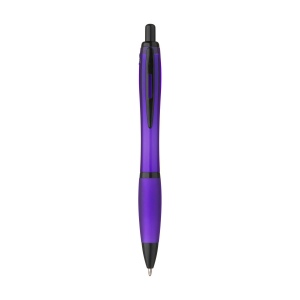 Stylo à bille à encre bleue avec corps coloré translucide, zone de préhension antidérapante, embout en caoutchouc, clip en métal et accents noires. 12