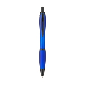 Stylo à bille à encre bleue avec corps coloré translucide, zone de préhension antidérapante, embout en caoutchouc, clip en métal et accents noires. 21
