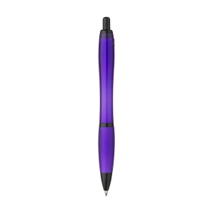 Stylo à bille à encre bleue avec corps coloré translucide, zone de préhension antidérapante, embout en caoutchouc, clip en métal et accents noires. 22