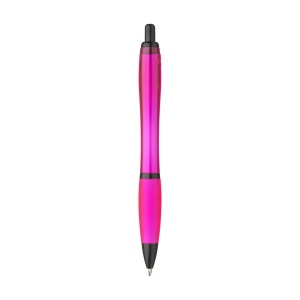 Stylo à bille à encre bleue avec corps coloré translucide, zone de préhension antidérapante, embout en caoutchouc, clip en métal et accents noires. 23