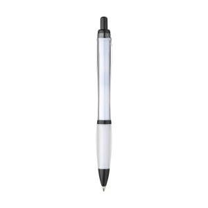 Stylo à bille à encre bleue avec corps coloré translucide, zone de préhension antidérapante, embout en caoutchouc, clip en métal et accents noires. 24