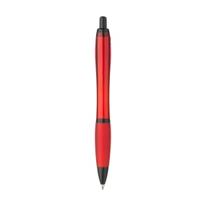 Stylo à bille à encre bleue avec corps coloré translucide, zone de préhension antidérapante, embout en caoutchouc, clip en métal et accents noires. 25