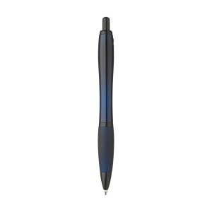 Stylo à bille à encre bleue avec corps coloré translucide, zone de préhension antidérapante, embout en caoutchouc, clip en métal et accents noires. 26
