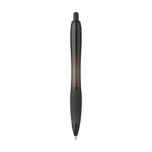 Stylo à bille à encre bleue avec corps coloré translucide, zone de préhension antidérapante, embout en caoutchouc, clip en métal et accents noires. 28