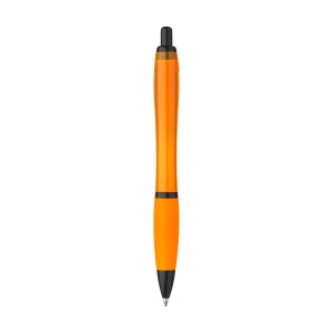 Stylo à bille à encre bleue avec corps coloré translucide, zone de préhension antidérapante, embout en caoutchouc, clip en métal et accents noires. 29