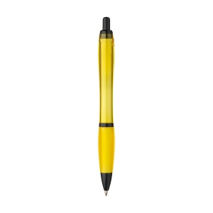 Stylo à bille à encre bleue avec corps coloré translucide, zone de préhension antidérapante, embout en caoutchouc, clip en métal et accents noires. 30