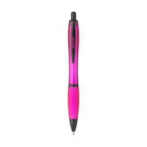Stylo à bille à encre bleue avec corps coloré translucide, zone de préhension antidérapante, embout en caoutchouc, clip en métal et accents noires. 13