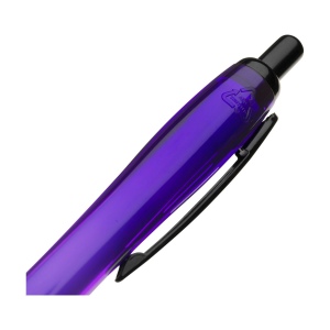 Stylo à bille à encre bleue avec corps coloré translucide, zone de préhension antidérapante, embout en caoutchouc, clip en métal et accents noires. 32