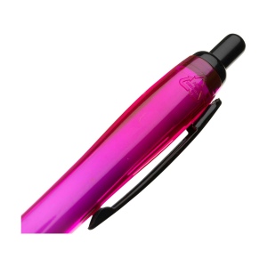 Stylo à bille à encre bleue avec corps coloré translucide, zone de préhension antidérapante, embout en caoutchouc, clip en métal et accents noires. 33