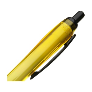 Stylo à bille à encre bleue avec corps coloré translucide, zone de préhension antidérapante, embout en caoutchouc, clip en métal et accents noires. 40