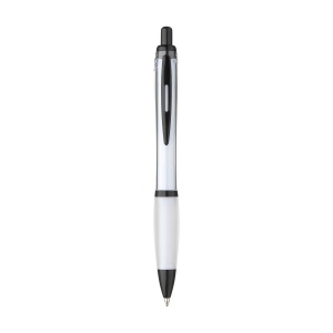 Stylo à bille à encre bleue avec corps coloré translucide, zone de préhension antidérapante, embout en caoutchouc, clip en métal et accents noires. 14