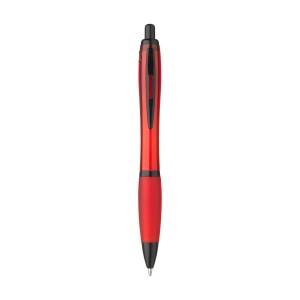 Stylo à bille à encre bleue avec corps coloré translucide, zone de préhension antidérapante, embout en caoutchouc, clip en métal et accents noires. 15