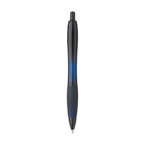 Stylo à bille à encre bleue avec corps coloré translucide, zone de préhension antidérapante, embout en caoutchouc, clip en métal et accents noires. 16