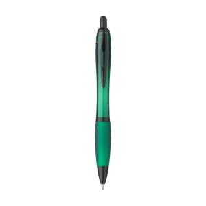 Stylo à bille à encre bleue avec corps coloré translucide, zone de préhension antidérapante, embout en caoutchouc, clip en métal et accents noires. 17