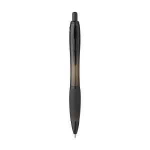 Stylo à bille à encre bleue avec corps coloré translucide, zone de préhension antidérapante, embout en caoutchouc, clip en métal et accents noires. 18