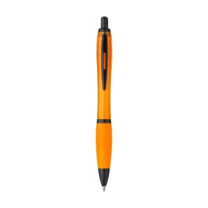 Stylo à bille à encre bleue avec corps coloré translucide, zone de préhension antidérapante, embout en caoutchouc, clip en métal et accents noires. 19