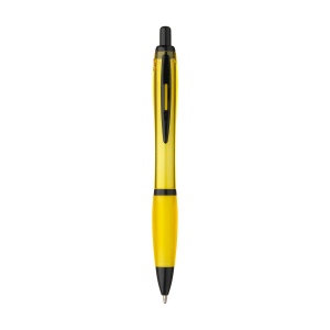 Stylo à bille à encre bleue avec corps coloré translucide, zone de préhension antidérapante, embout en caoutchouc, clip en métal et accents noires. 20