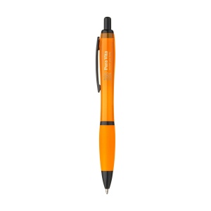 Stylo à bille à encre bleue avec corps coloré translucide, zone de préhension antidérapante, embout en caoutchouc, clip en métal et accents noires. 9
