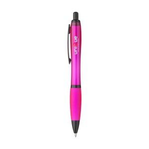 Stylo à bille à encre bleue avec corps coloré translucide, zone de préhension antidérapante, embout en caoutchouc, clip en métal et accents noires. 3