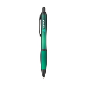 Stylo à bille à encre bleue avec corps coloré translucide, zone de préhension antidérapante, embout en caoutchouc, clip en métal et accents noires. 7