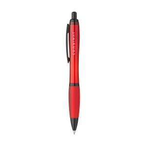 Stylo à bille à encre bleue avec corps coloré translucide, zone de préhension antidérapante, embout en caoutchouc, clip en métal et accents noires. 5