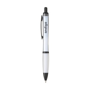 Stylo à bille à encre bleue avec corps coloré translucide, zone de préhension antidérapante, embout en caoutchouc, clip en métal et accents noires. 4