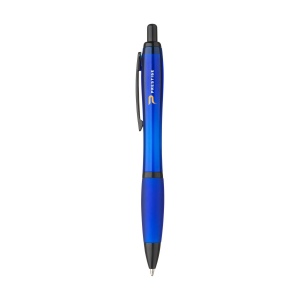 Stylo à bille à encre bleue avec corps coloré translucide, zone de préhension antidérapante, embout en caoutchouc, clip en métal et accents noires. 11